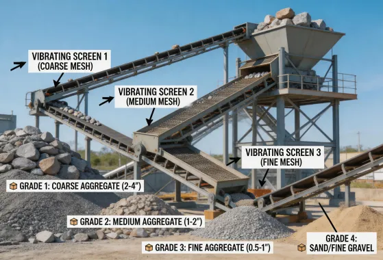 Aggregate screening plant producing graded stone